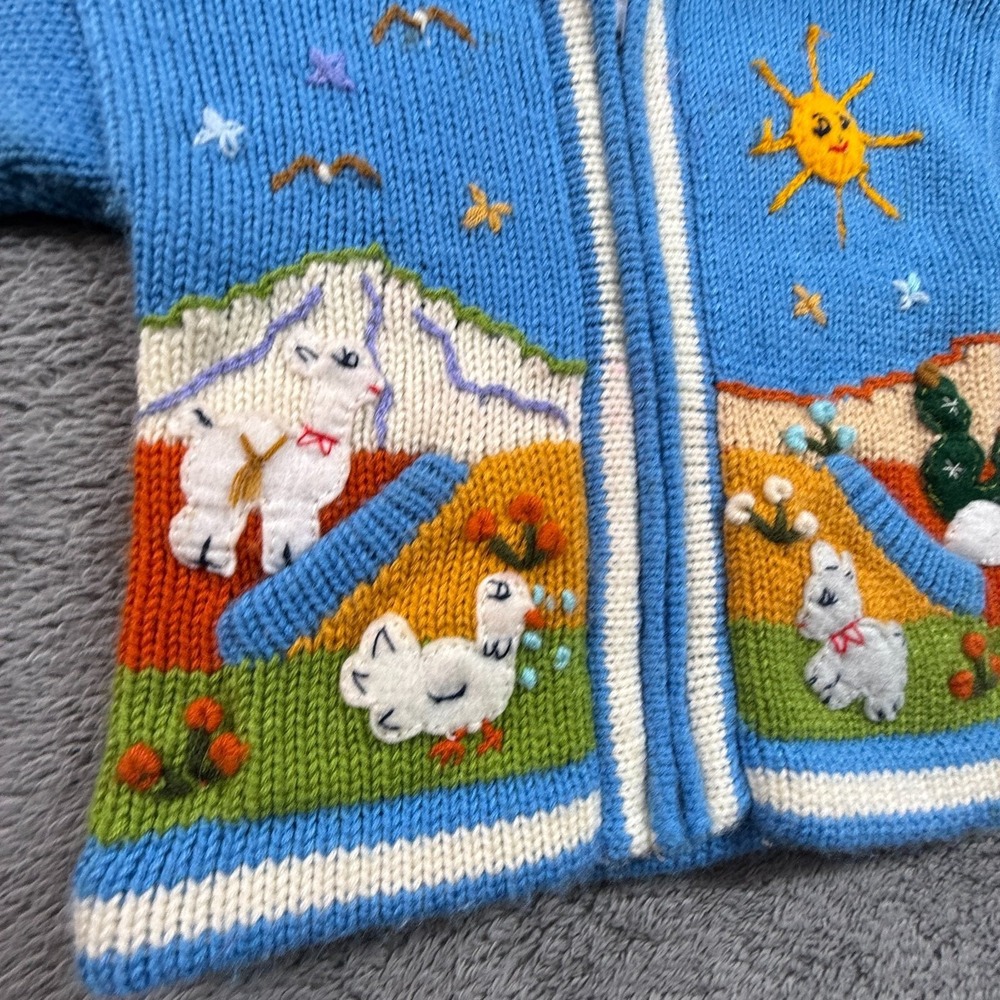 AR-T Peru Toddler 2T-3T Blue Hooded Zip Cardigan Dralon Llama Embroidered - Picture 6 of 7